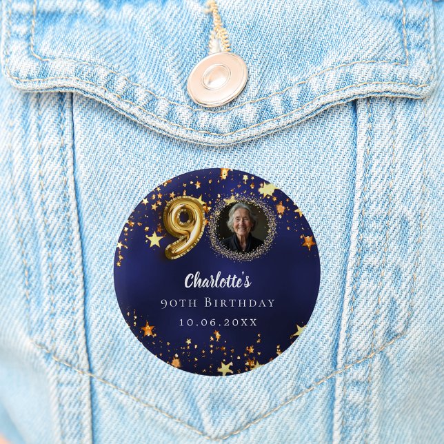 Foto på 90:e födelsedagskalenliga blå guld-stjärno knapp (Skapare uppladdad)