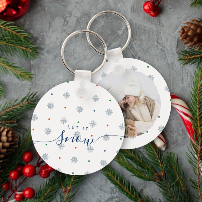 Foto på anpassningsbar för Låt det snöa elegant vi Nyckelring (Custom photo keychain with elegant snowflakes and dots - let it snow)