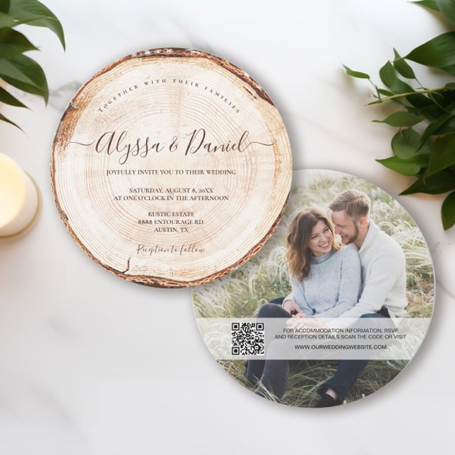 Foto på Anpassningsbar med Rustik Elegant Script W Inbjudningar (Rustic elegant script wood cut slice, photo and wedding website invitation.)
