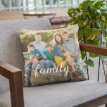 Foto på Anpassningsbarna Family Kärlek White Scrip Kudde<br><div class="desc">Modern anpassningsbar och snyggt dekorativ kudde har ett eller flera favoritfoto med ett minimalt antal vita "familjetypografövertäckningar som innehåller elegantens blomning och hjärtdetaljer. Den vita texten färg kan ändras. Med 2 fotofront-/baksiddesign kan du inkludera ett foto på fram- och baksidan eller två olika foton. Photo kredit: Photography © Storytree Studios,...</div>
