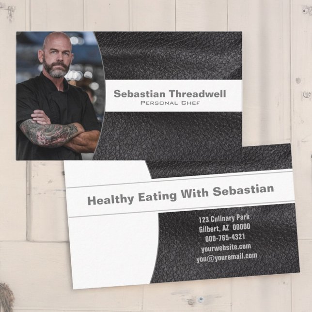 Foto på Anpassningsbarna för svart läder med perso Visitkort (business card front and back)