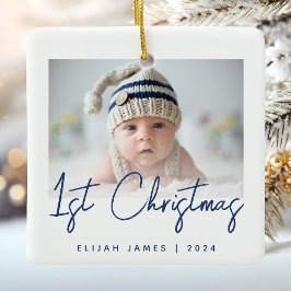 Foto på babyens första jul i marinblå skrivstil julgransprydnad keramik