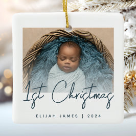 Foto på babyens första jul i tealblå skrift julgransprydnad keramik
