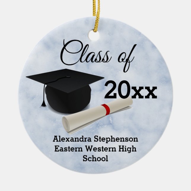 Foto på Back Studentmössa Diploma Blue Marble Julgransprydnad Keramik (Framsidan)