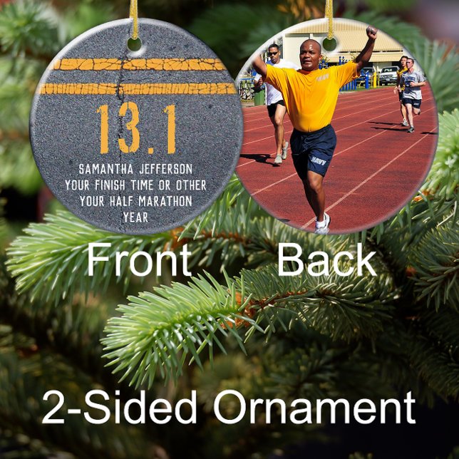 Foto på bakre halvmaratonSpringer 13.1 Keepsaké Julgransprydnad Keramik (half marathon keepsake photo christmas ornament gift for runner)
