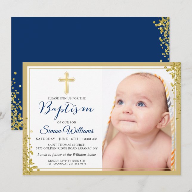 Foto på Baptism i guld Glitter Inbjudningar (Fram/baksida)