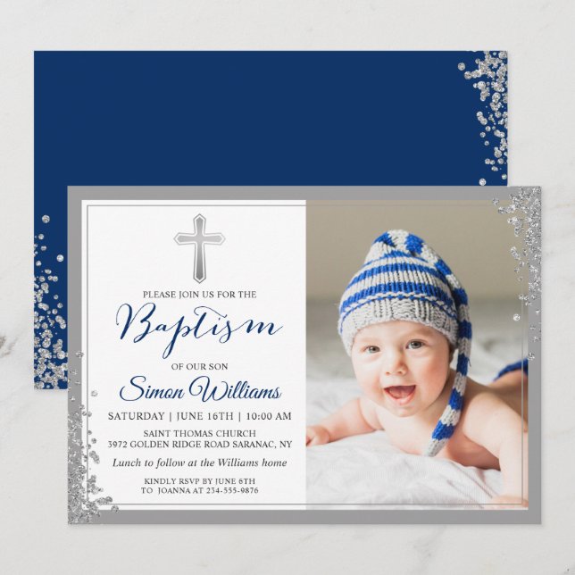 Foto på Baptism i silver Glitter Inbjudningar (Fram/baksida)