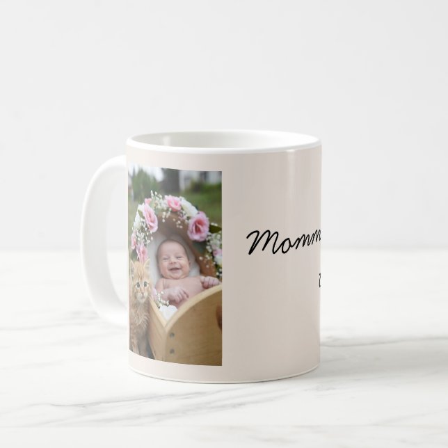 Foto på bebis och katt, vagga, blommor kaffemugg (Framsida vänster)