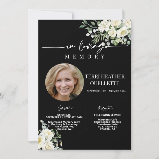 Foto på Black White Ro Funeral Memorial Service Inbjudningar (Framsida)