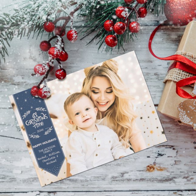 Foto på blått glad helg i jultid julkort (Skapare uppladdad)