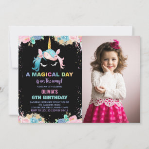 Foto på blommigt Gillter Unicorn Birthday-inbjudan Inbjudningar