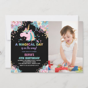 Foto på blommigt Glitter Unicorn Birthday-inbjudan Inbjudningar