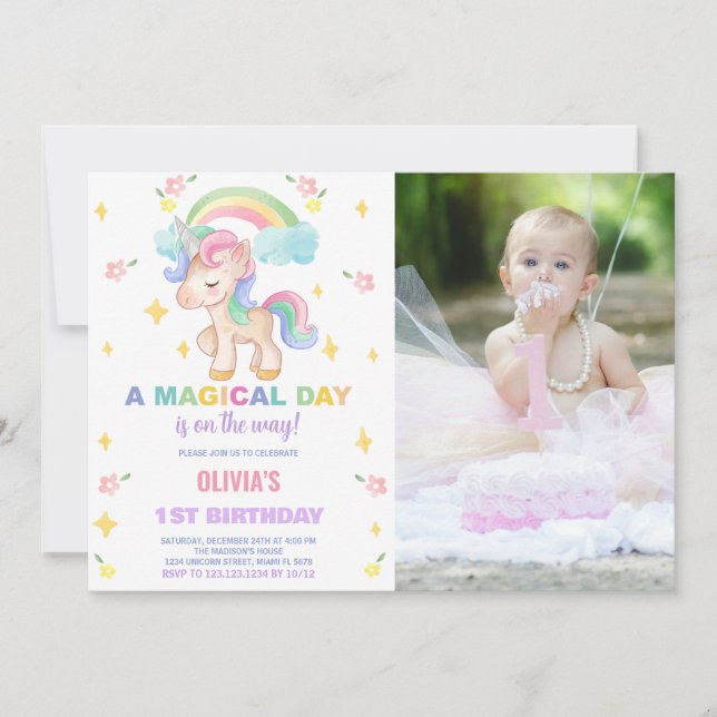 Foto på blommigt Rainbows Unicorn Birthday-inbjudn Inbjudningar (Framsida)