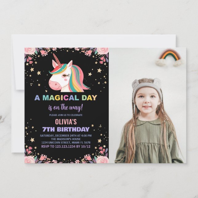 Foto på blommigt Ro Unicorn Birthday-inbjudan Inbjudningar (Framsida)