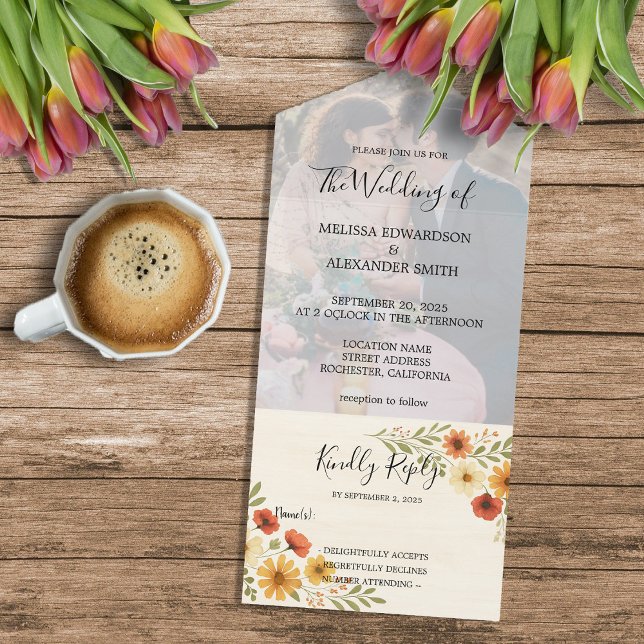 Foto på blommigten bröllop i Rustic boho vattencol (Rustic boho watercolor floral photo wedding all in one invitation. Invitation and RSVP.)