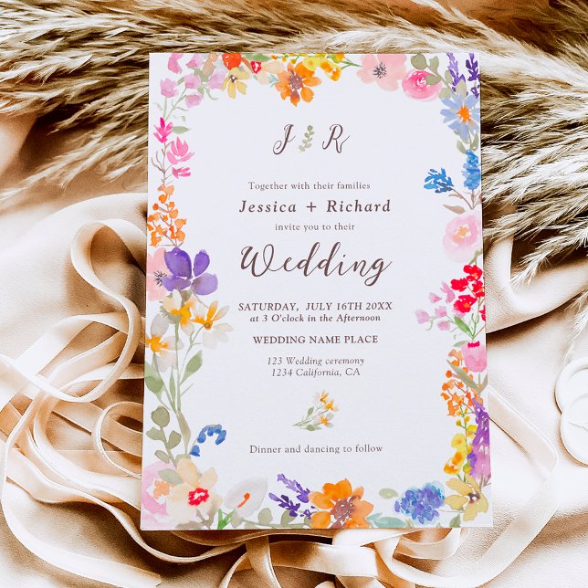 Foto på blommigten initialer bröllop i trädgårdsod inbjudningar (Boho garden summer floral photo initials wedding invitation)