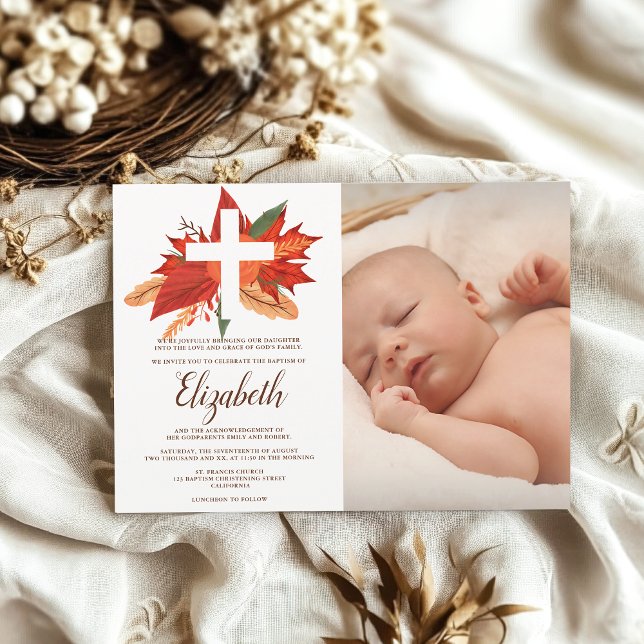 Foto på blommigten Kristian kor baptism Inbjudningar (Rustic wood floral christian cross baptism photo invitation)