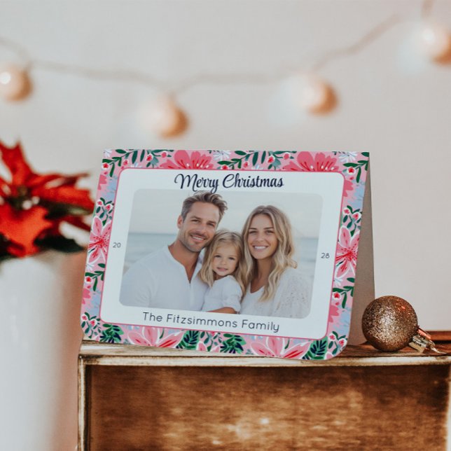 Foto på Blommigten Preppy Rosa Helgdag Helgkort (Pink Tropical Floral Folded  Christmas Card)