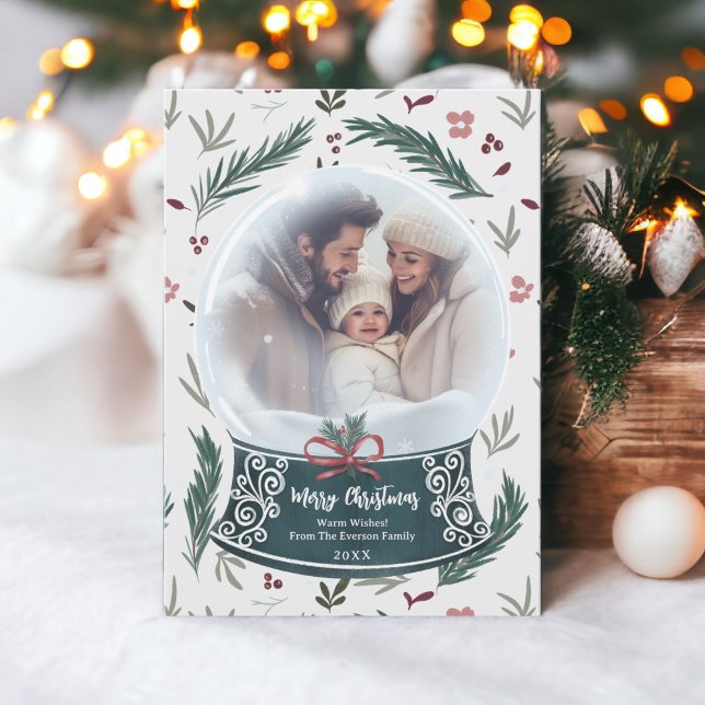 Foto på blommigten Rustic jul- i snö Julkort (Rustic Christmas snow globe floral family photo Holiday Card on off white)