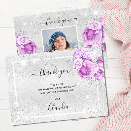 Foto på blommigten silver glitter lila vid födelse tack kort