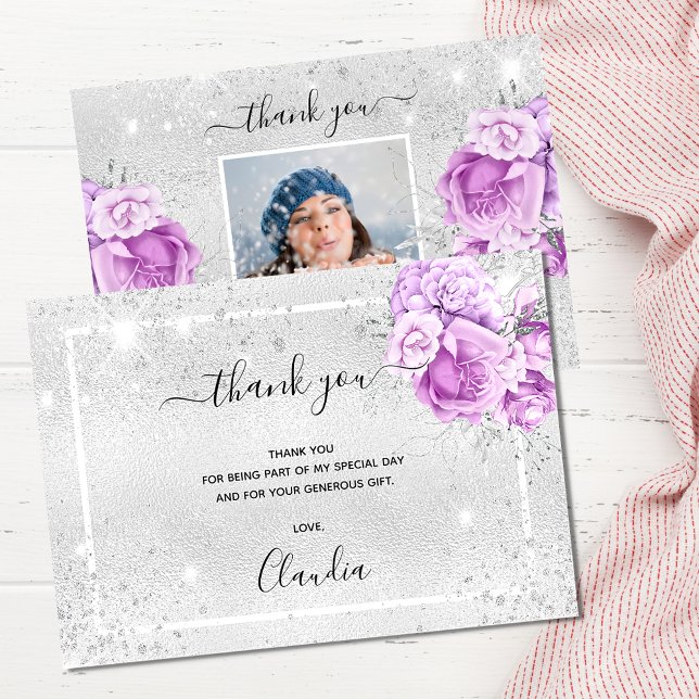 Foto på blommigten silver glitter lila vid födelse tack kort (Skapare uppladdad)