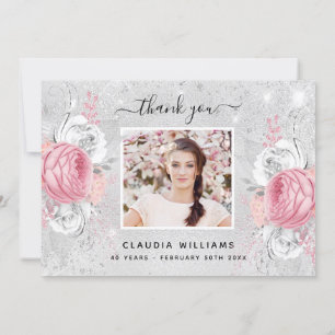 Foto på blommigten silver glitter rosa vid födelse tack kort