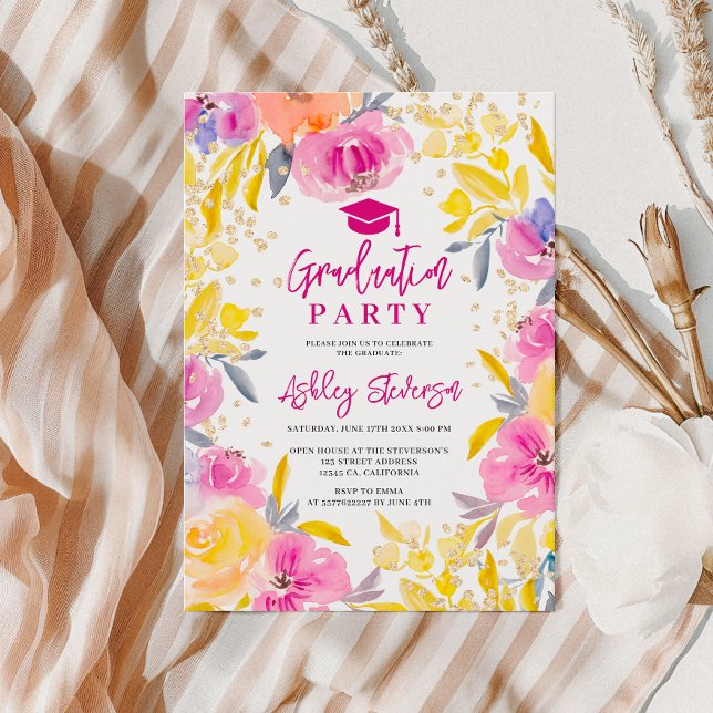 Foto på blommigten studenten i lila guld inbjudningar (Bohemian purple gold floral photo graduation invitation)
