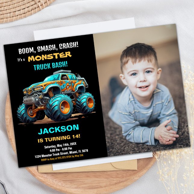 Foto på Blue Monster Lastbil födelsedag Inbjudningar (Blue Monster Truck Birthday Invitations Photo)