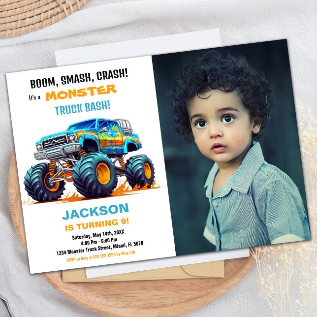 Foto på Blue Monster Lastbil födelsedag Inbjudningar (Blue Monster Truck Birthday Invitations Photo)