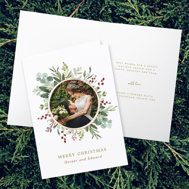 Foto på botaniska Greenery Guld God jul Helgkort (Front & Inside)
