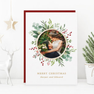 Foto på botaniska Greenery Guld God jul Julkort