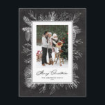 Foto på Botaniskt Ram-kalkboard God jul Helg Vykort<br><div class="desc">God Jul! Skicka julhälsningar med det här vintagen julvykortet. Den har vintage konst av pinekoner,  gräs nål och hollier med en faux chalkboard-bakgrund. Anpassa genom att lägga till foto,  namn,  år och meddelande. Det här ritbordsgrafikkortet för julfotboll finns i andra färg. Matchande objekt är tillgängliga.</div>