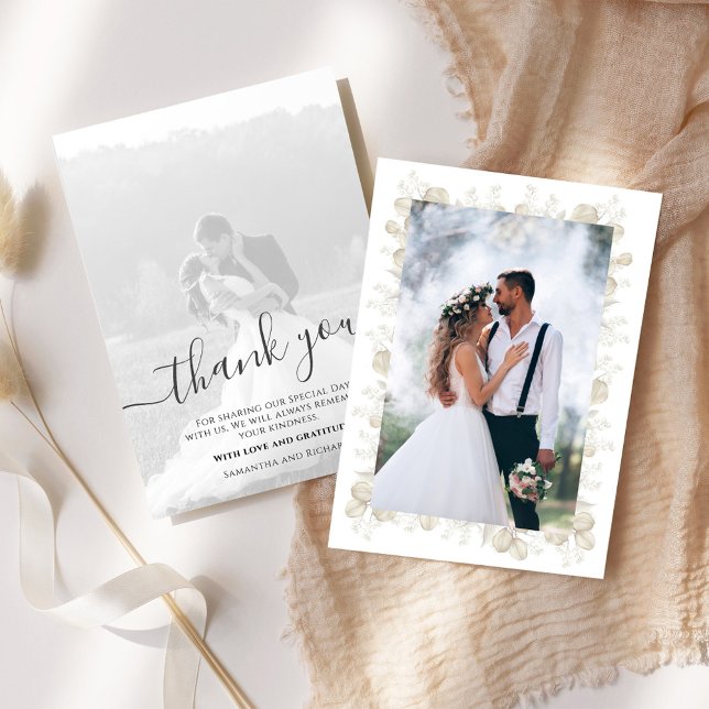 Foto på Bröllop Greenery Calligraphy Script 2 Tack Kort (Elegant wedding thank you card with a 2 photo template)