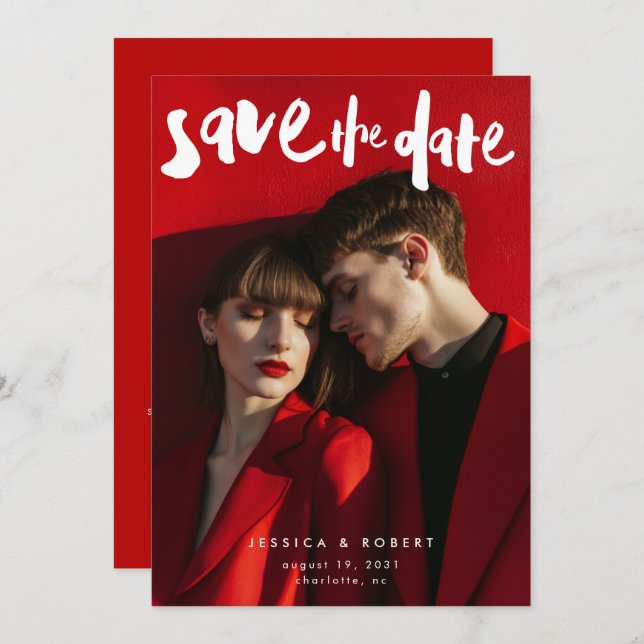 Foto på Bröllop i fet Edgy modern penselskript Spara Datumet (Fram/baksida)