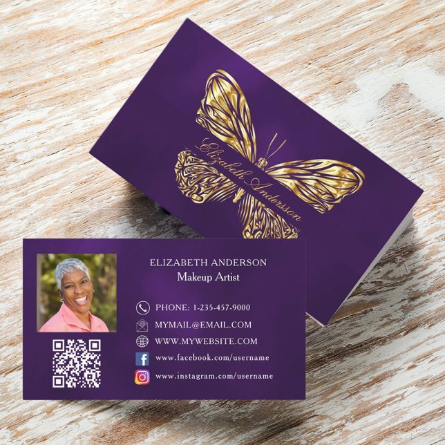 Foto på Butterfly lila guld QR-kod Visitkort (Skapare uppladdad)