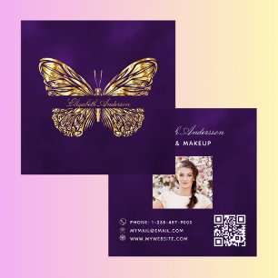 Foto på Butterfly lila guld QR-kodskript Fyrkantigt Visitkort