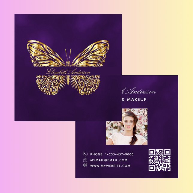 Foto på Butterfly lila guld QR-kodskript Fyrkantigt Visitkort (Skapare uppladdad)