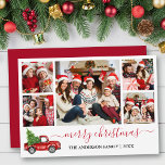 Foto på Calligraphy God jul Red Lastbil 5 Julkort<br><div class="desc">Modern Calligraphy Script 5 Photo Family Photo Collage God jul Card innehåller Watercolor Vintage Red Lastbil med Träd - Red Script</div>