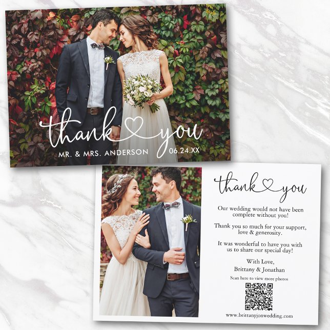 Foto på Calligraphy Heart Bröllop QR kod 2 Tack Kort (Add your wedding website link to the QR Code so guests can scan & view more of your photos online.)