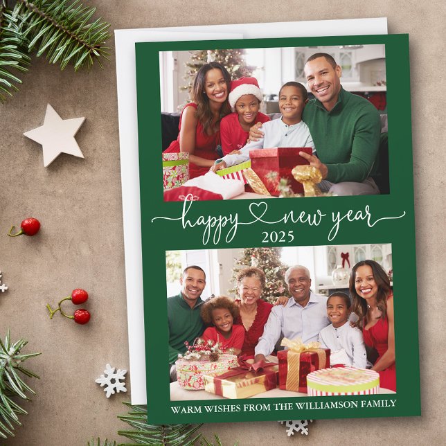 Foto på Calligraphy Heart Gott nytt år Grönt 2 Julkort (Customize to add text to back of card.)