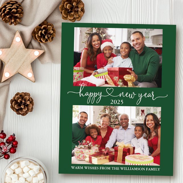 Foto på Calligraphy Heart Gott nytt år Grönt 2 Vykort (Customize to change your personalized text size or text style.)