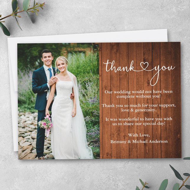 Foto på Calligraphy Heart Rustic Wood Bröllop Tack Kort (Customize to add more text or photos to back of card.)