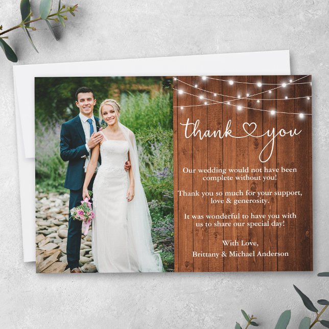 Foto på Calligraphy Heart Wood Ljus Bröllop Tack Kort (Customize to add text or more photos to back of card.)