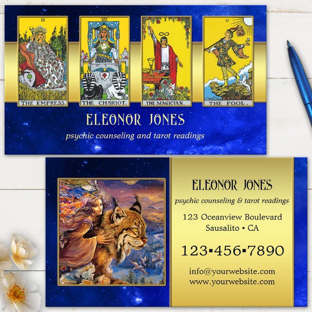 Foto på Celestial Psychic Tarot Reader Visitkort (Tarot reader business card featuring a celestial sky image with gold and your custom photos)