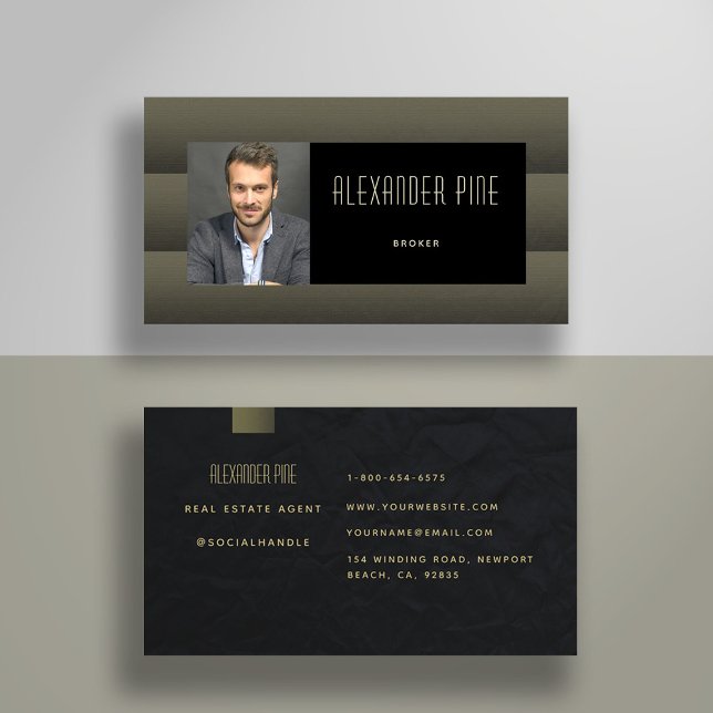 Foto på Classy Simple Modern Black Guld Profession Visitkort (real estate business card elegant professional modern simple classy photo black gold pattern)