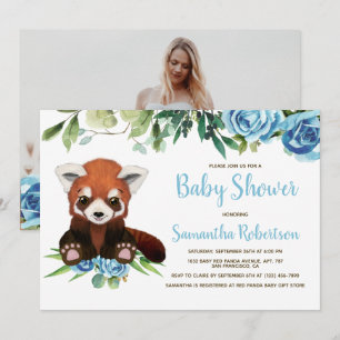 Foto på Cute Bear Blue Greenery Boy Shower Inbjudningar