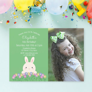 Foto på Cute Bunny & Flower Sage Grönt Barns födel Inbjudningar