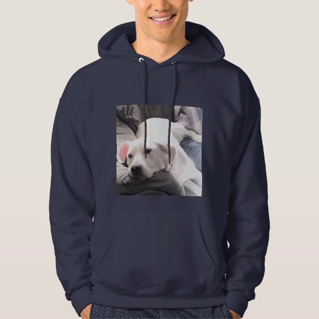 Foto på Cute Couch Potato Hund med Pappa-marinblåt Hoodie (Framsida)