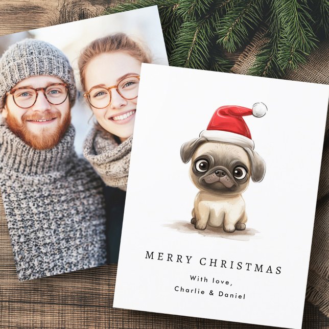 Foto på Cute pug in in Santa hat God jul Julkort (Cute pug in Santa hat Merry Christmas photo Holiday Card)