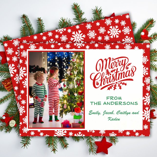 Foto på Cute Red & White Snöflingor God jul Julkort (Cute Red & White Snowflakes Merry Christmas Photo Holiday Card)